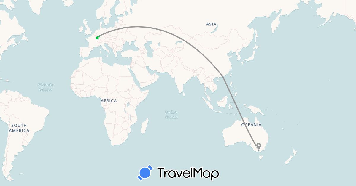 TravelMap itinerary: driving, bus, plane in Australia, Germany, France, Hong Kong (Asia, Europe, Oceania)
